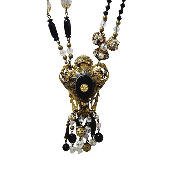 Vintage Spectacular One of a Kind Reworked Crystal Glass Brass Dangle Necklace